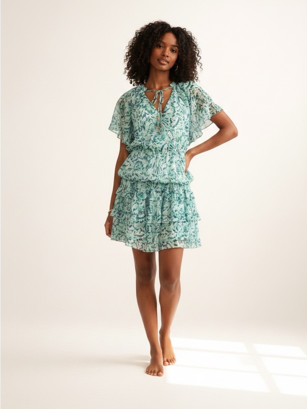 Hale Bob Honey Blouson Dress Green V Neck Ruffle Mini L